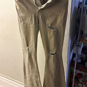 SHEIN Khaki Flare Jeans with Distressed Detail